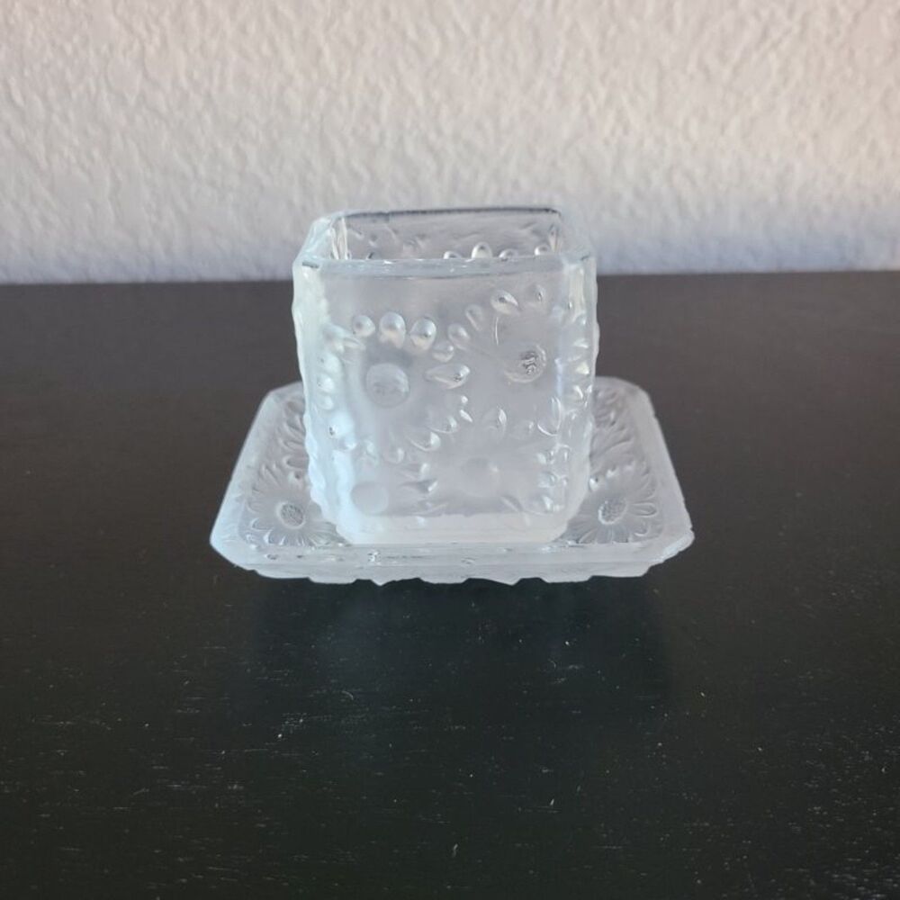Vtg Frosted Glass Daisy Toothpick Holder Tray Set Floral Pressed Trinket Dish